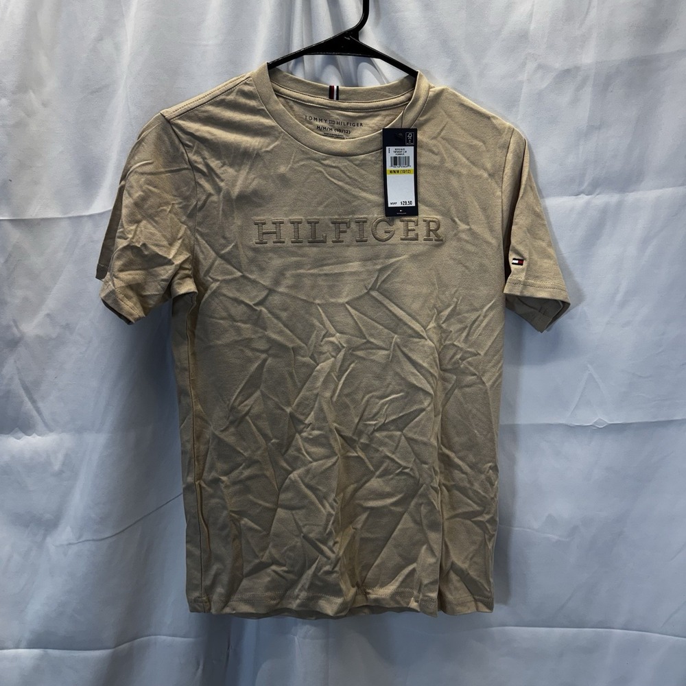 Tommy‎ Hilfiger Tan Embossed Short Sleeve Shirt Boys Medium 10-12 NWT